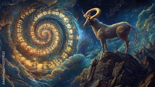 Capricorn Mountain Goat Ascending Celestial Stone Spirals: Transforming Earthly Forms into Luminescent Architectural Starlight Constructions in a Cosmic Landscape. photo