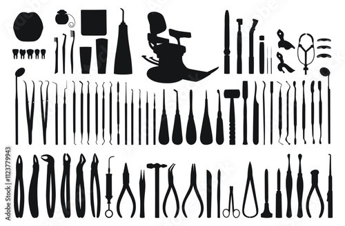 Oral hygiene products, dental equipment and tools for dental treatment, black silhouette of objects, set