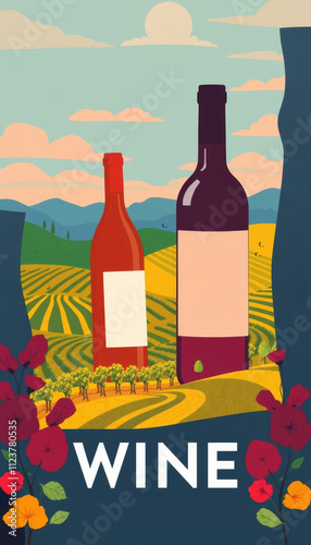 Vibrant countryside landscape showcasing vineyards under a bright sunset sky