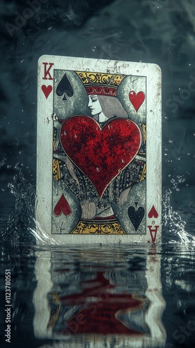 Playing card featuring queen of hearts partially submerged in water splashes