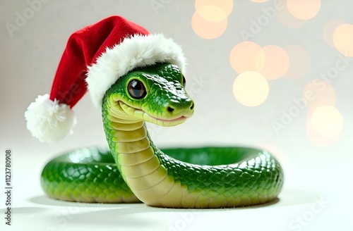 Green smiling snake in Santa Claus red hat, symbol of year 2025