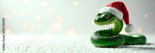 Banner with green smiling snake in Santa Claus red hat, symbol of year 2025