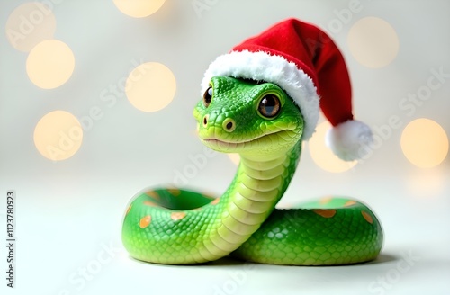 Green smiling snake in Santa Claus red hat, symbol of year 2025