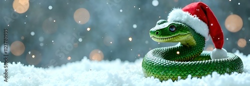 Banner with green smiling snake in Santa Claus red hat, symbol of year 2025