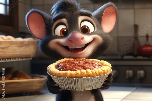 high realistic photo of cartoon tasmanian devil holding meat pie with cheeky smile playful and quirky style photo