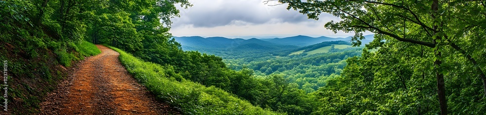 Obraz premium Scenic mountain landscape with a winding path surrounded by lush greenery.