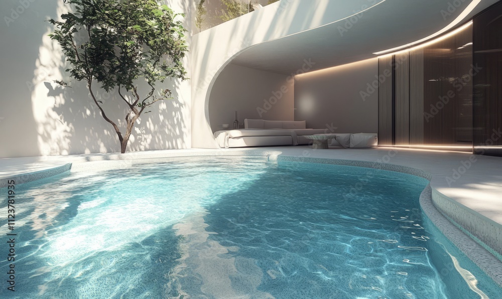 Obraz premium Tranquil Paradise: Stylish Living Space and Breathtaking Pool
