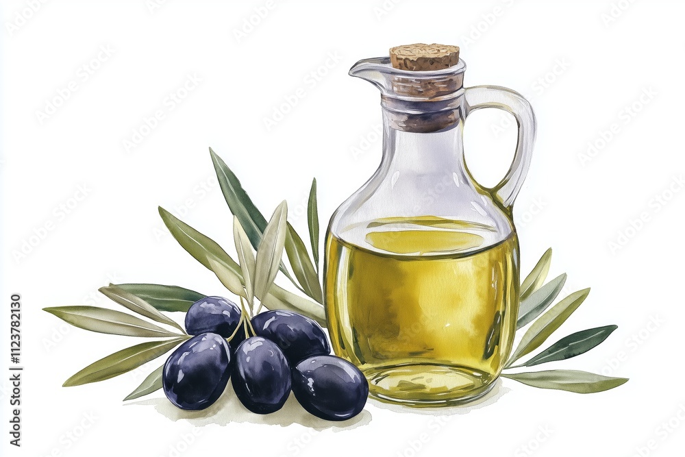 Black and green olives set on the branch with leaves. Glass bottle with olive oil. Food illustration. Harvesting season. Watercolor vector style clipart collection Black and green olives set on the branch with leaves. Glass bottle with olive oil. Food illustration. Harvesting season. Watercolor vector style clipart collection