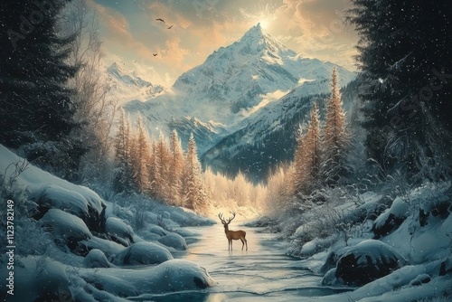 Deer standing in a snowy landscape with mountains and a golden sunset in the background