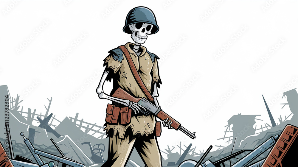 Naklejka premium Grim Soldier Amidst Ruins of War