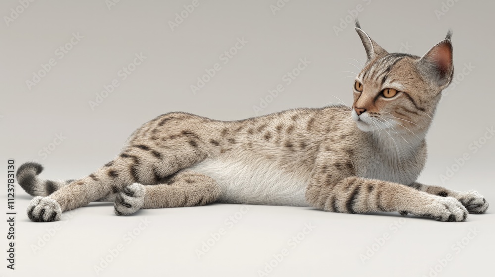 Obraz premium A tan and brown tabby cat lies on a white background, looking to its right.