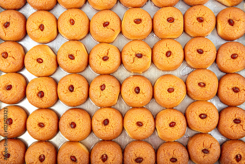 Sekerpare dessert tray. Sekerpare dessert in bulk on a tray. Traditional Turkish cuisine flavors. Turkish Ramadan dessert Sekerpare on a white background. photo