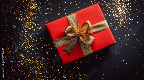 A red gift box with a gold ribbon is placed on a black surface sprinkled with gold glitter. Concept of celebration, gift, festive. For holiday greeting cards.