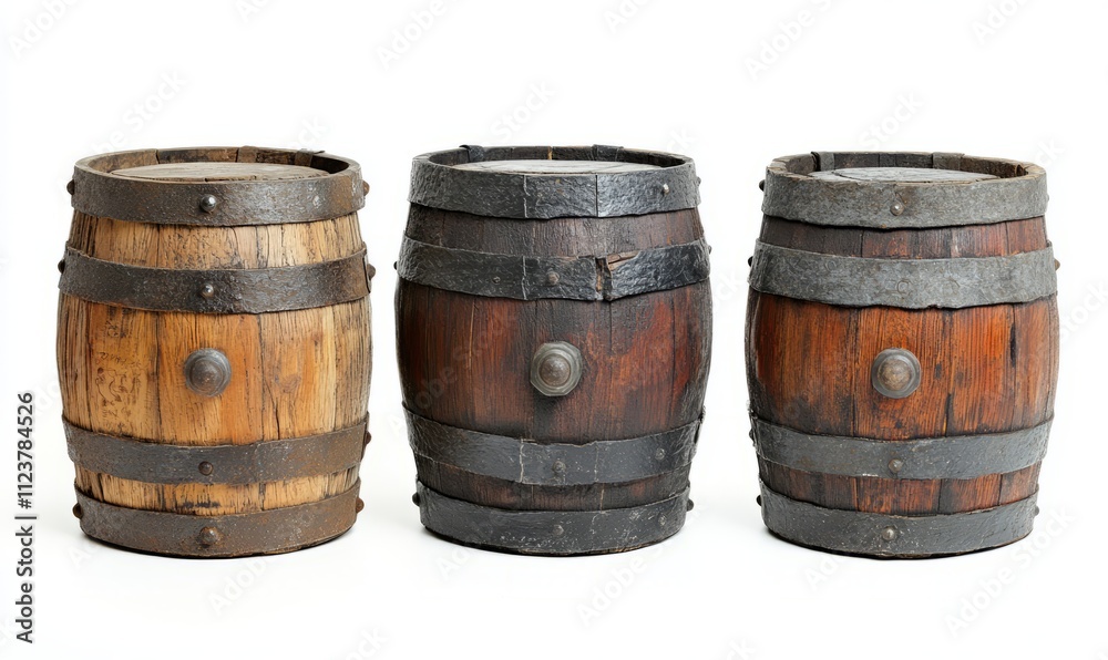 Fototapeta premium Vintage Wooden Barrels with Metal Bands Isolated on White Background