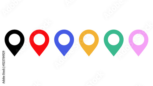 Horizontal row of colorful location pin icons, 6 set of  location pin icons in different colors.