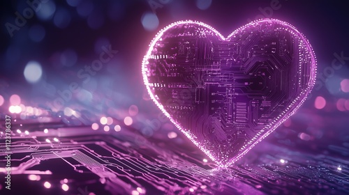 Purplish-pink heart made of luminous plati pins on a background of bokeh lights. Valentine's Day photo