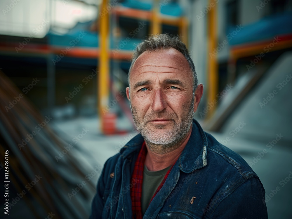 Fototapeta premium Portrait of a serious middle-aged construction worker at a building site.