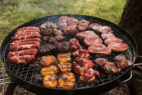 Grilling a variety of meats at a sunny outdoor barbecue gathering