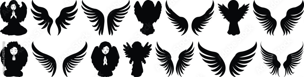 Fototapeta premium Angel silhouettes set, wing pack of vector silhouette design, isolated background