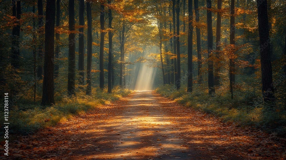 Fototapeta premium Serene autumn forest path illuminated by soft sunlight.