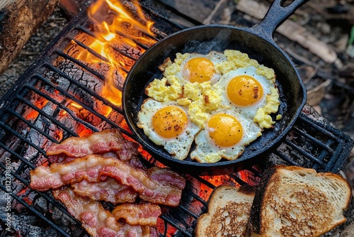 Perfectly cooked eggs and bacon sizzling over a campfire