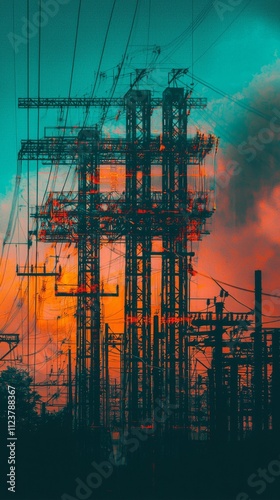 Electric towers silhouetted against a vibrant sunset with colorful clouds