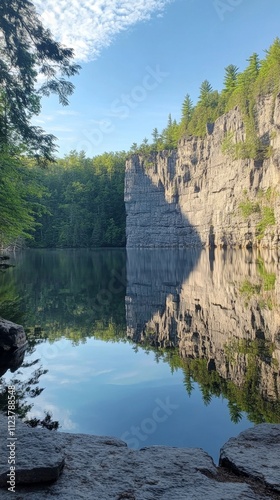 Serene Lake Reflecting Majestic Cliffs and Forest photo