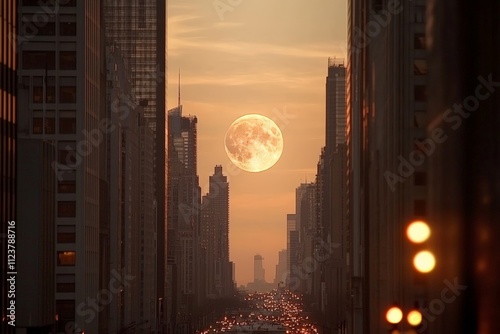 View of a large full moon rising over a city street at sunset during a clear evening photo