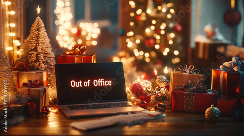 Festive Christmas Laptop  Out of Office  Holiday Season  Gifts  Lights