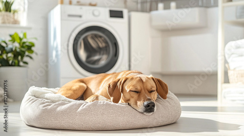 Relaxed Dog Sleeping in Cozy Pet Bed in Bright Laundry Room