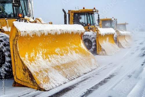 Snow plows clear the road during a winter storm in a rural area