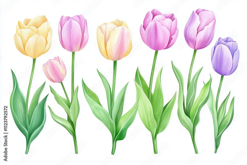Fototapeta premium Watercolor set tulips png. Spring tulips with green leaves on a white background. Floral elements for wedding invitations and other designs. watercolor flowers 