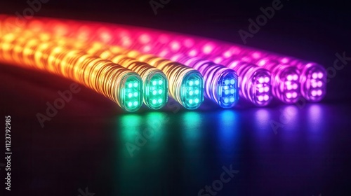 Fiber optic cable glowing with colorful light, symbolizing efficient telecommunication and innovation