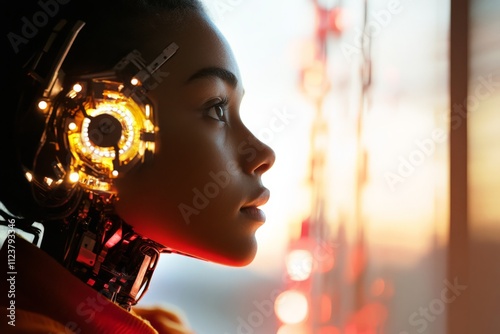 Futuristic human-like robot gazes thoughtfully through a window at sunset in a modern cityscape photo