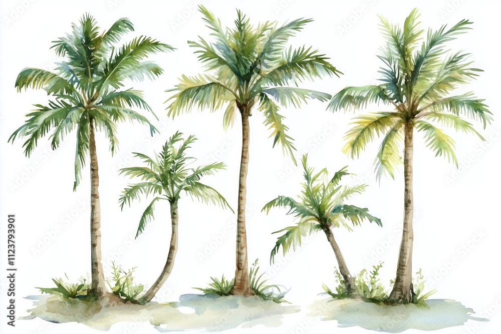 Obraz premium Watercolor set with palm trees and leaves floral plants elements 