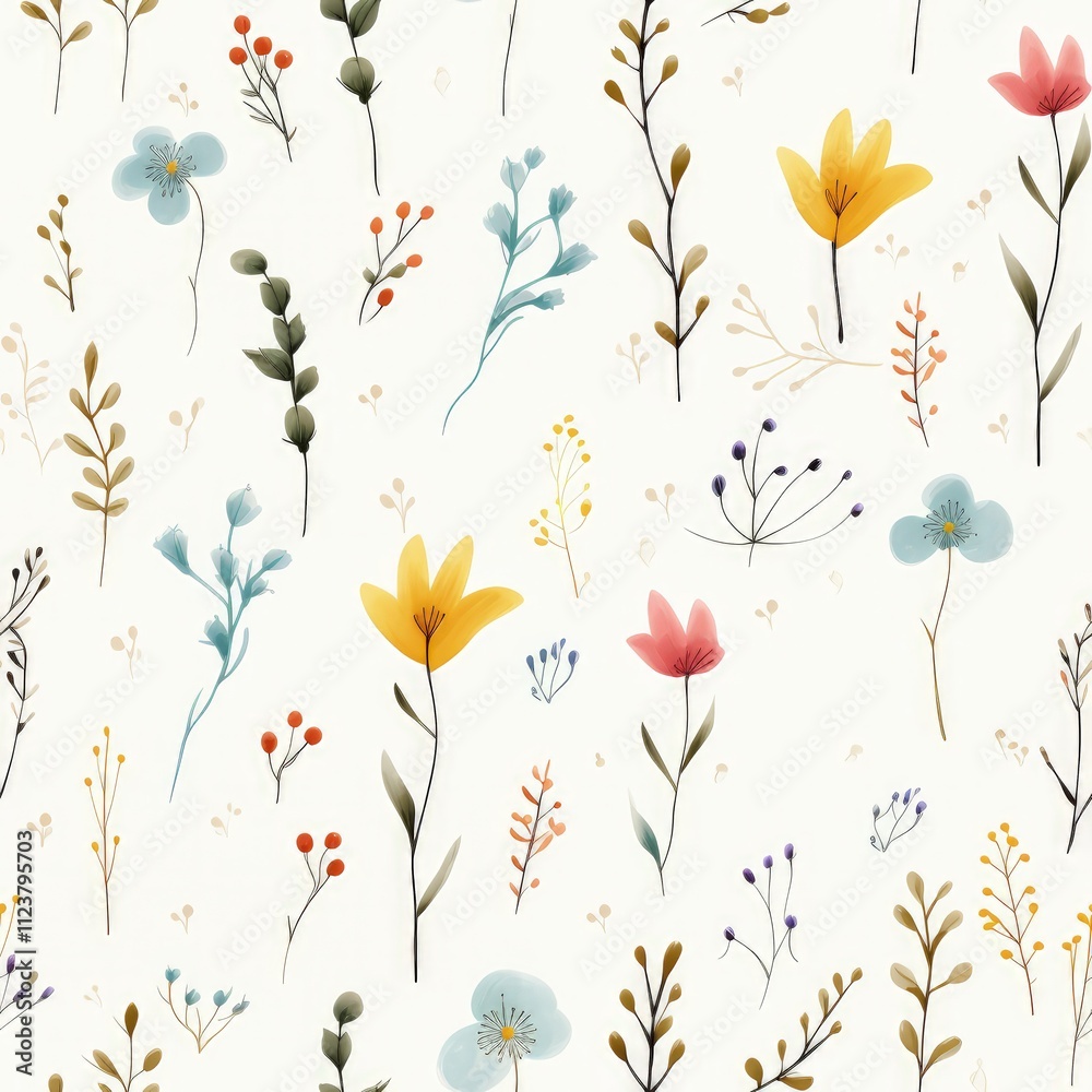 Fototapeta Watercolor floral pattern, seamless design with various flowers and plants on white background.
