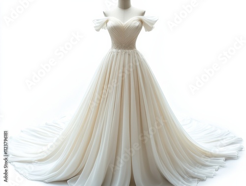 Elegant white wedding gown with flowing fabric, intricate lace details, timeless bridal fashion, luxurious formal dress, romantic style, classic wedding attire, bridal elegance