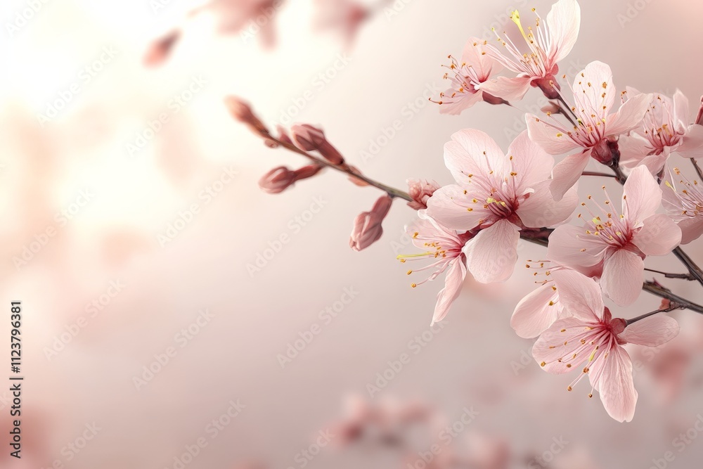 Fototapeta premium Beautiful cherry blossom branch blossoms in spring with soft pink flowers and delicate petals against a gentle background