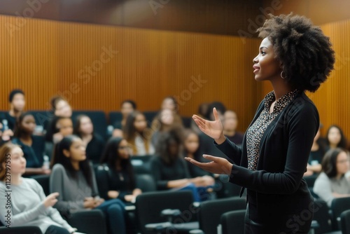 Black female professor lecturing university students