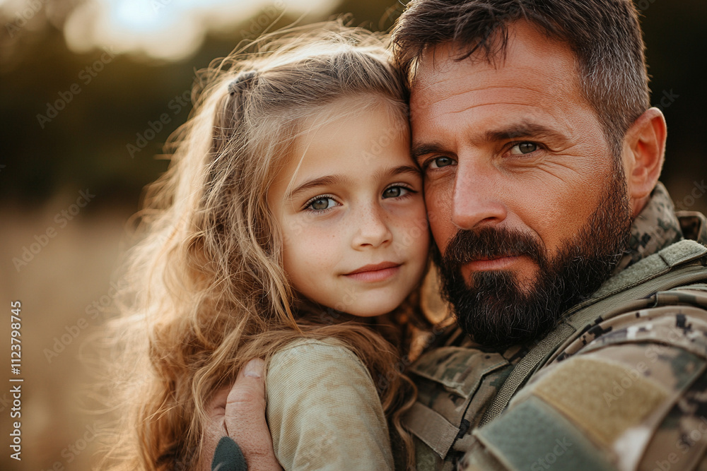 Fototapeta premium Father and daughter share a warm embrace outdoors