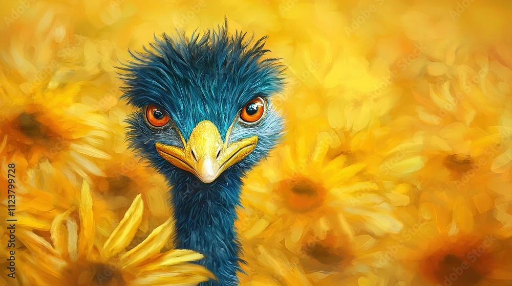 Fototapeta premium An ostrich painting amidst sunflower field with yellow sky
