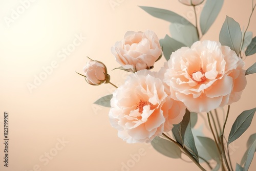 Soft peach roses in bloom with subtle green leaves against a warm background