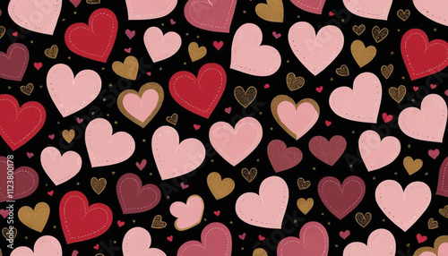 A repeating pattern of cartoon hearts.  Each heart is a light pink, with a smiling face, eyes, and a nose drawn on it. The hearts vary slightly in shading and position. 