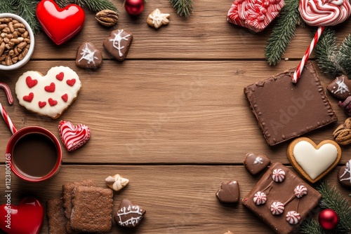  Un diseño decorativo con chocolates, galletas y corazones en tonos rojos y blancos, acompañado de ramas de abeto y bastones de caramelo.
 photo