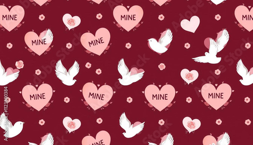 A repeating pattern of hearts, roses, and doves.  The hearts are a light pinkish-red and dusty rose colors, filled with the word MINE in bold black text. Valentines Day Pattern.