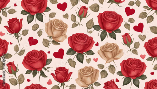 A repeating pattern of red roses, beige roses, and hearts on a pale pink background. Valentines Day Pattern.