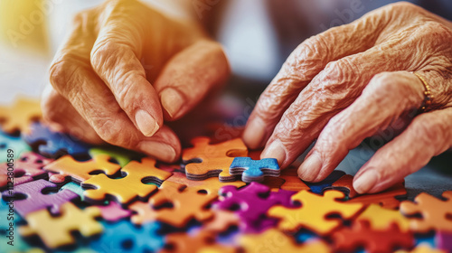 Close-up of elderly hands assembling colorful jigsaw puzzle pieces