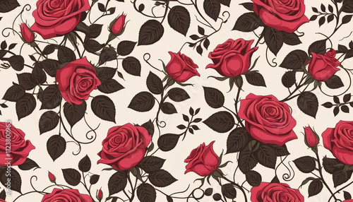 A seamless pattern of  pink and red roses, detailed with dark brown stems, leaves, and swirl-like vines. Valentines Day Pattern.