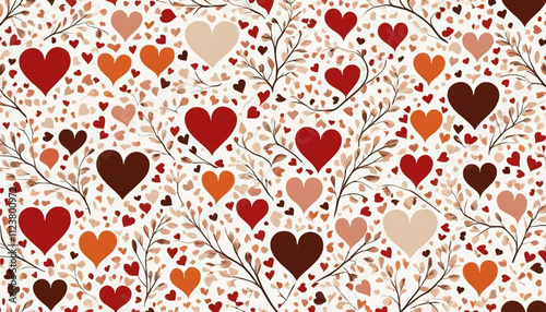 A seamless pattern featuring various stylized hearts.  The hearts are depicted in shades of red, orange, brown, and beige, with simple, outlined decorative elements. Valentines Day Pattern.