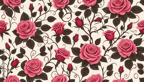 A seamless pattern of  pink and red roses, detailed with dark brown stems, leaves, and swirl-like vines. Valentines Day Pattern.